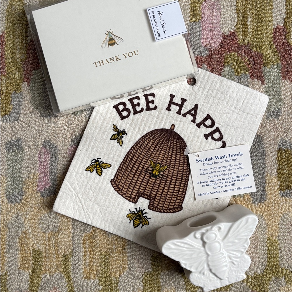 Bee Happy Swedish Wash Towel, Embossed Bee Card set, PartyLite Bee Candle holder